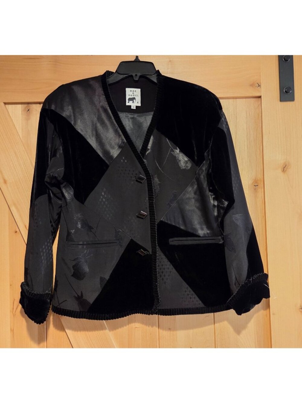 Max & Mabel Black Velvet Patchwork Blazer Embossed Rose Satin Ruffle Old Money